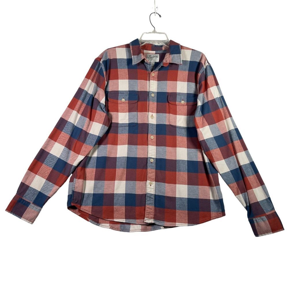 Lucky Brand Shirt Mens XL Red‎ White Blue Plaid Flannel Button Western Patriotic